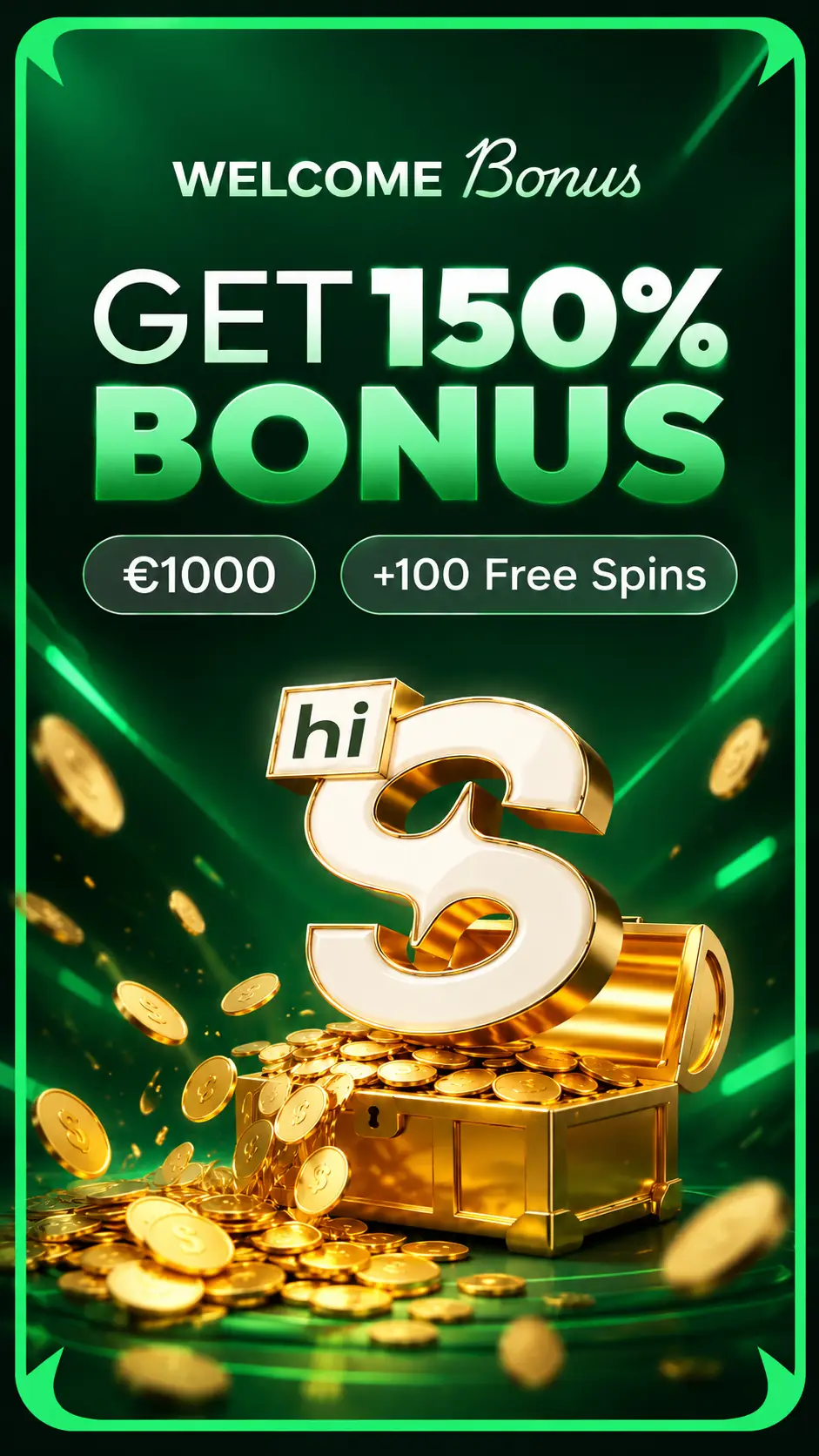 HiSpin Casino mobile welcome bonus with 150% bonus, €1,000 and 100 free spins