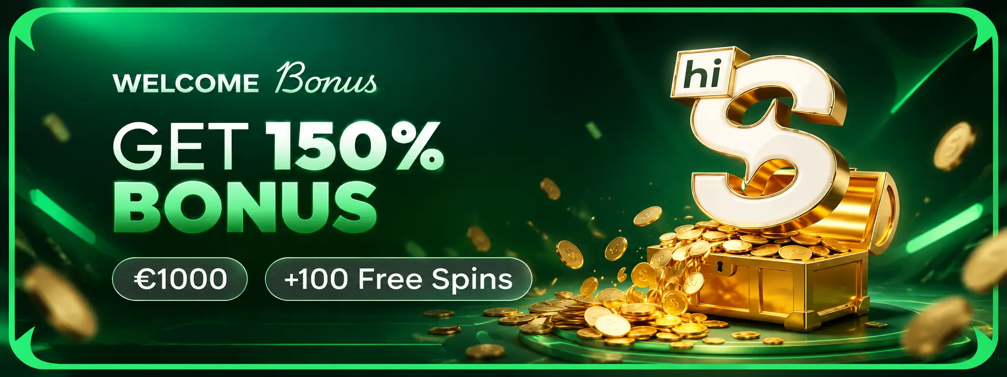 HiSpin Casino welcome bonus with 150% bonus, €1,000 and 100 free spins