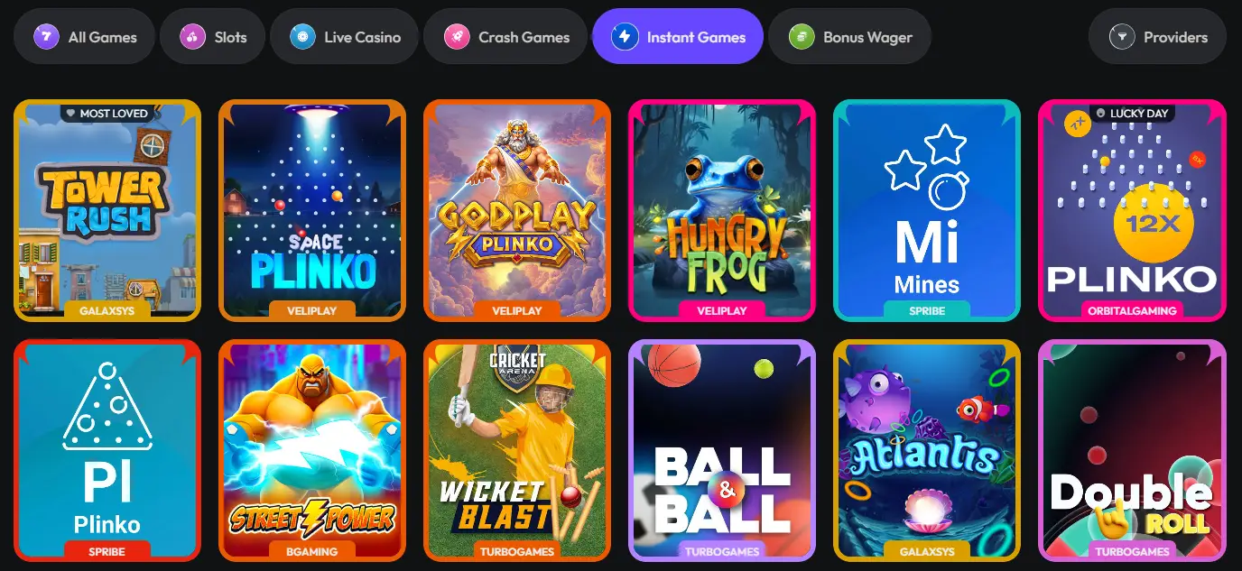 HiSpin Casino instant games with Plinko, Mines and quick-play titles