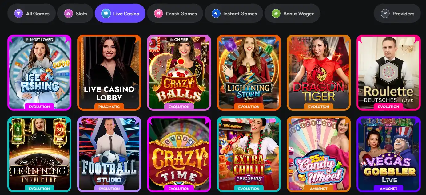 HiSpin Casino live casino lobby with live dealer games