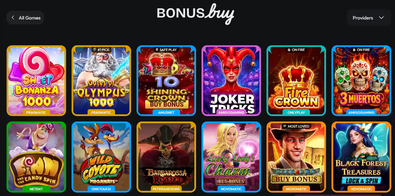 HiSpin Casino slot games including Sweet Bonanza 1000 and 10 Shining Crown Buy Bonus