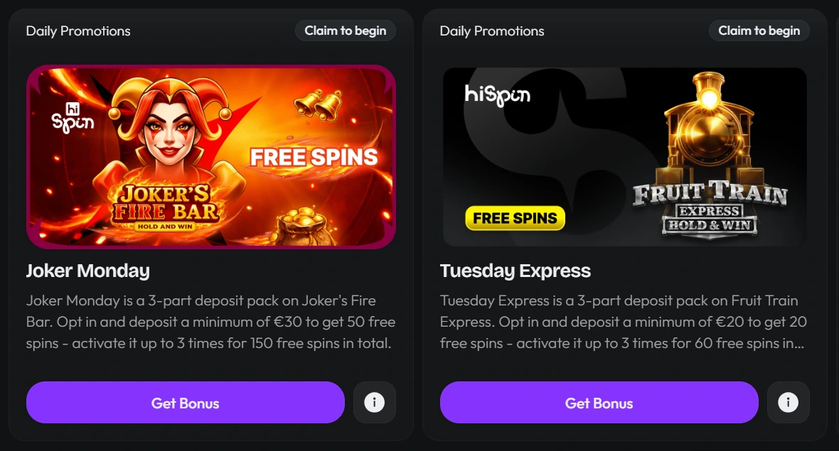 HiSpin Casino daily promotions with Joker Monday and Tuesday Express free spins