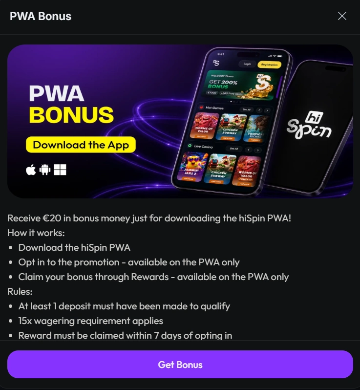 HiSpin Casino PWA bonus with €20 reward for app users