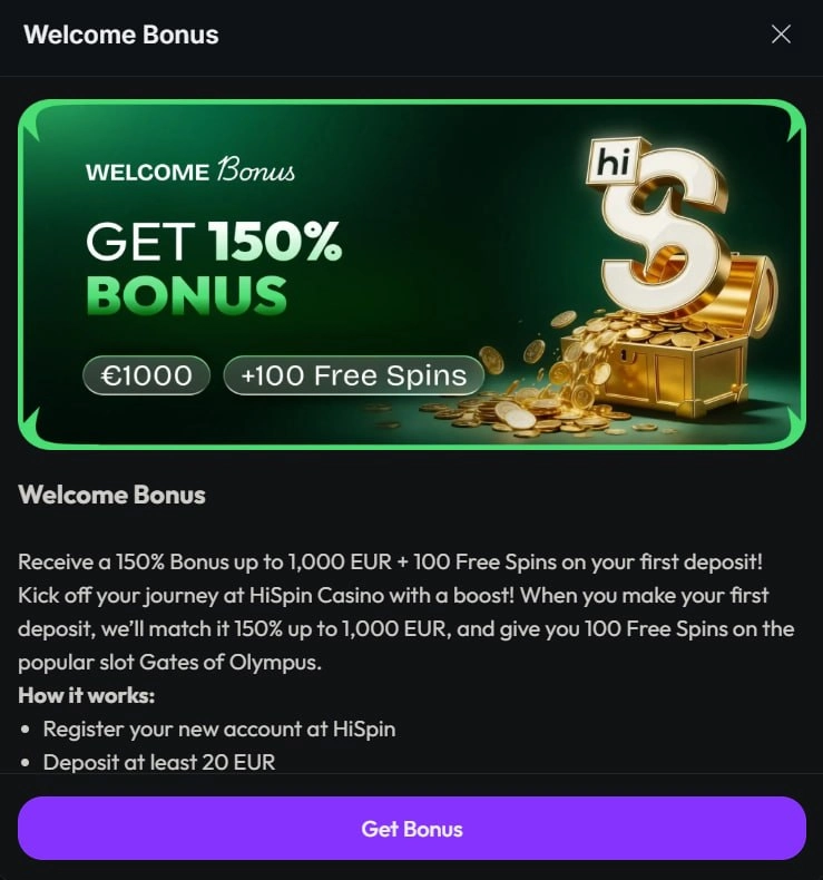 HiSpin Casino 150% welcome bonus with €1,000 and 100 free spins