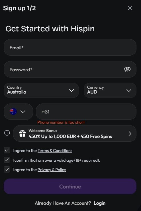HiSpin Casino registration form with country, currency and welcome bonus selection