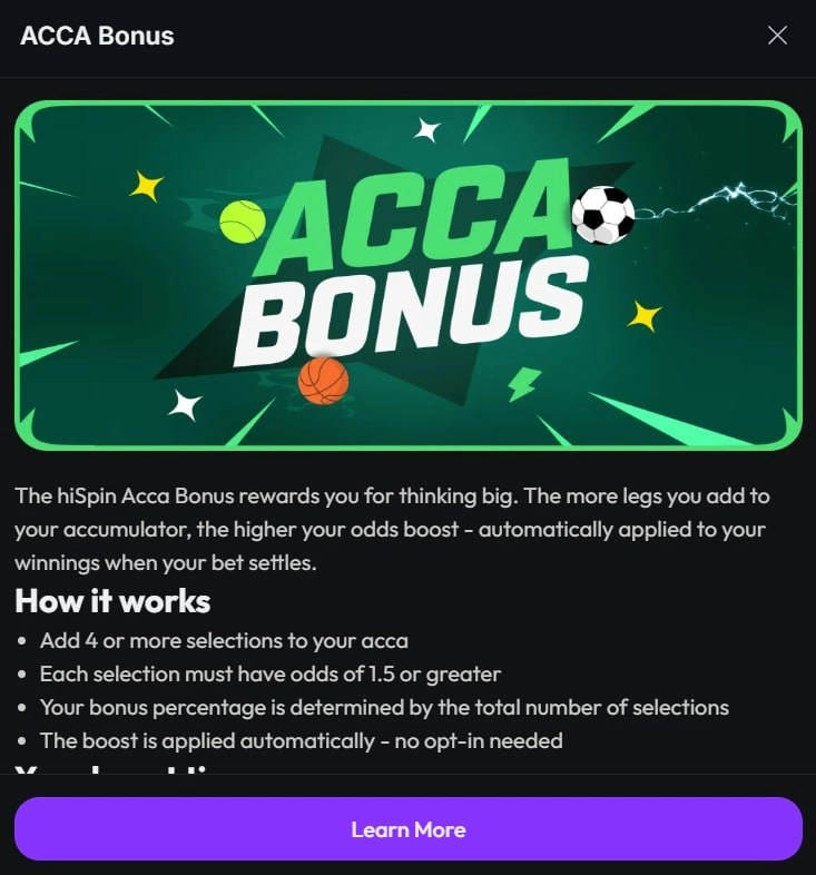 HiSpin Casino ACCA bonus with selection-based odds boost