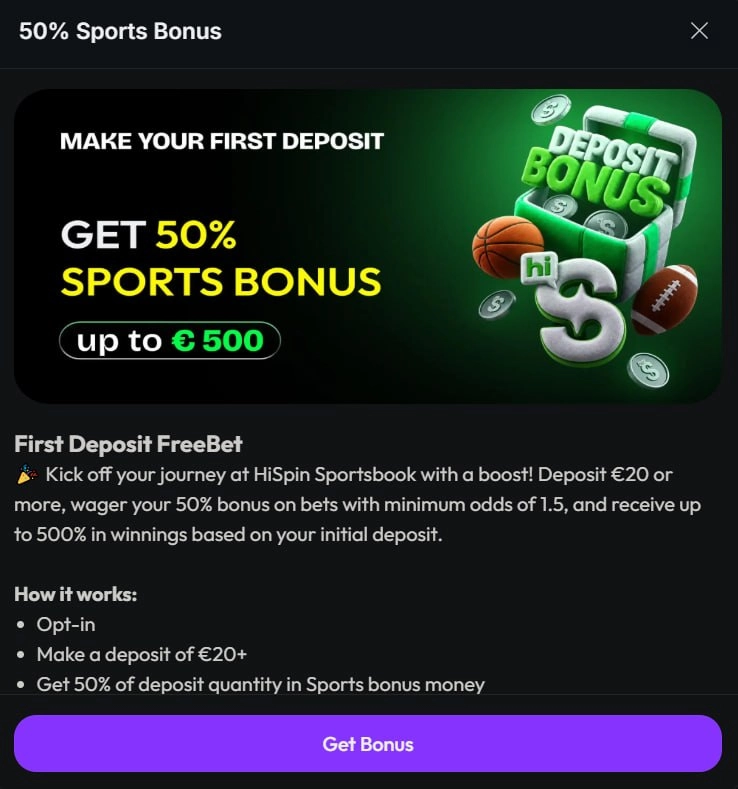 HiSpin Casino 50% sports bonus up to €500 on the first deposit