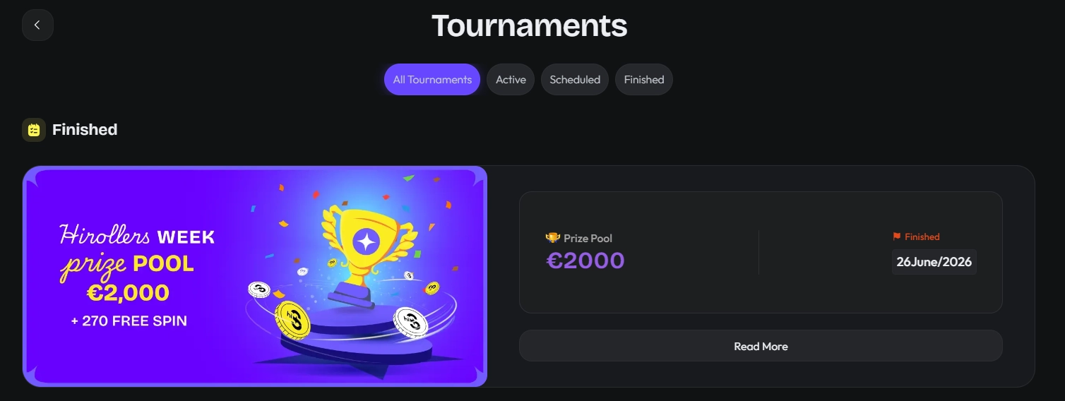 HiSpin Casino tournaments page with prize pool and tournament listings